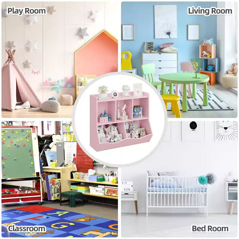 Organisateur de jouets pour enfants avec 5 casiers et un plateau inférieur, marron/gris/rose/blanc, MDF, pour 1 an et plus