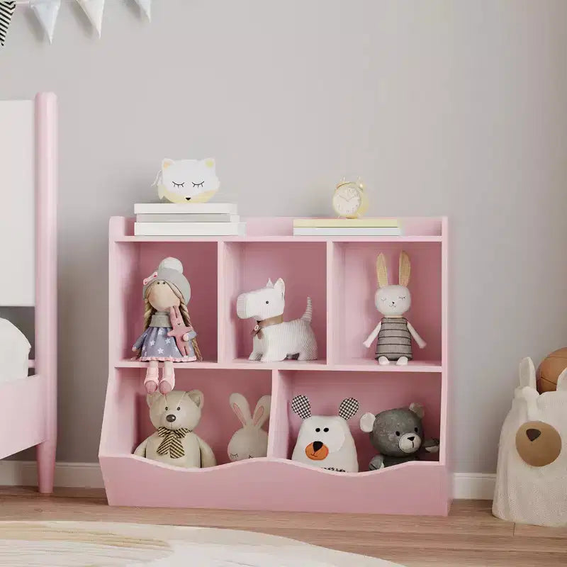 Organisateur de jouets pour enfants avec 5 casiers et un plateau inférieur, marron/gris/rose/blanc, MDF, pour 1 an et plus