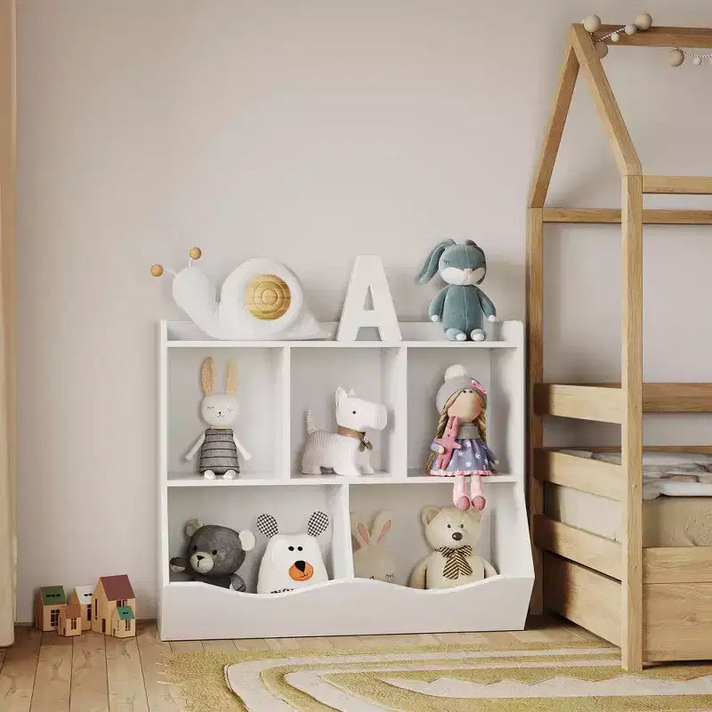 Organisateur de jouets pour enfants avec 5 casiers et un plateau inférieur, marron/gris/rose/blanc, MDF, pour 1 an et plus