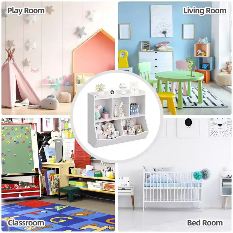 Organisateur de jouets pour enfants avec 5 casiers et un plateau inférieur, marron/gris/rose/blanc, MDF, pour 1 an et plus