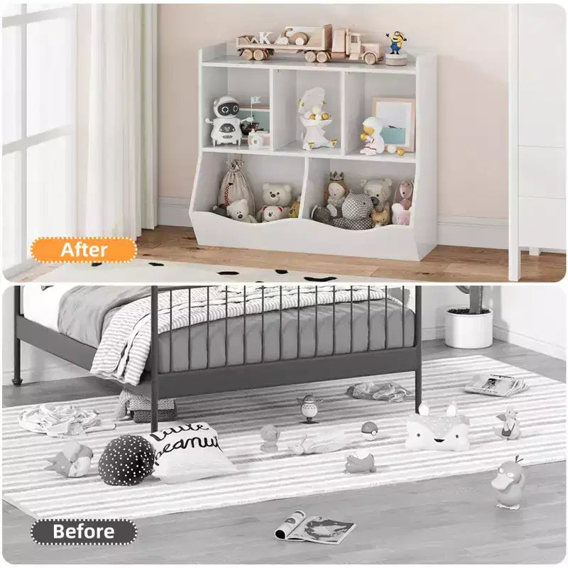 Organisateur de jouets pour enfants avec 5 casiers et un plateau inférieur, marron/gris/rose/blanc, MDF, pour 1 an et plus