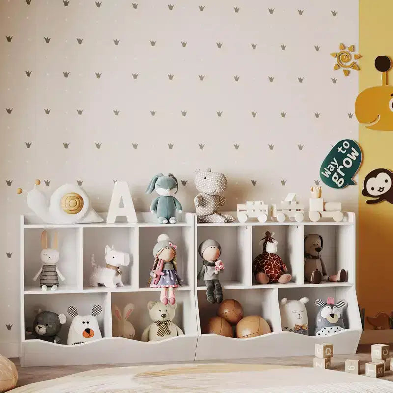 Organisateur de jouets pour enfants avec 5 casiers et un plateau inférieur, marron/gris/rose/blanc, MDF, pour 1 an et plus