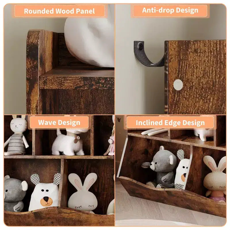 Organisateur de jouets pour enfants avec 5 casiers et un plateau inférieur, marron/gris/rose/blanc, MDF, pour 1 an et plus