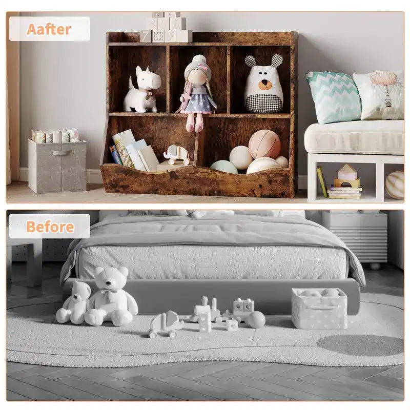 Organisateur de jouets pour enfants avec 5 casiers et un plateau inférieur, marron/gris/rose/blanc, MDF, pour 1 an et plus