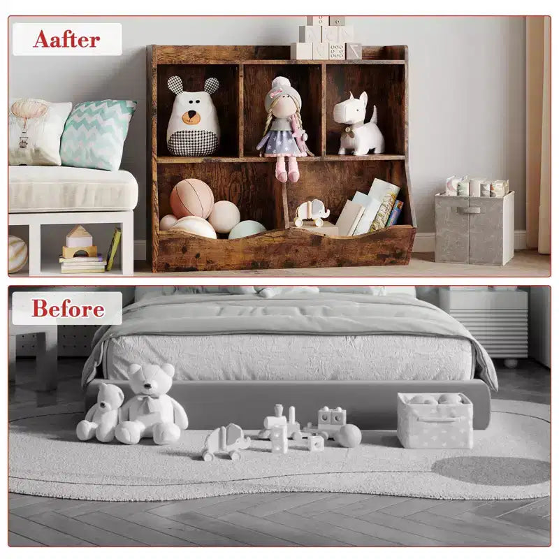 Organisateur de jouets pour enfants avec 5 casiers et un plateau inférieur, marron/gris/rose/blanc, MDF, pour 1 an et plus