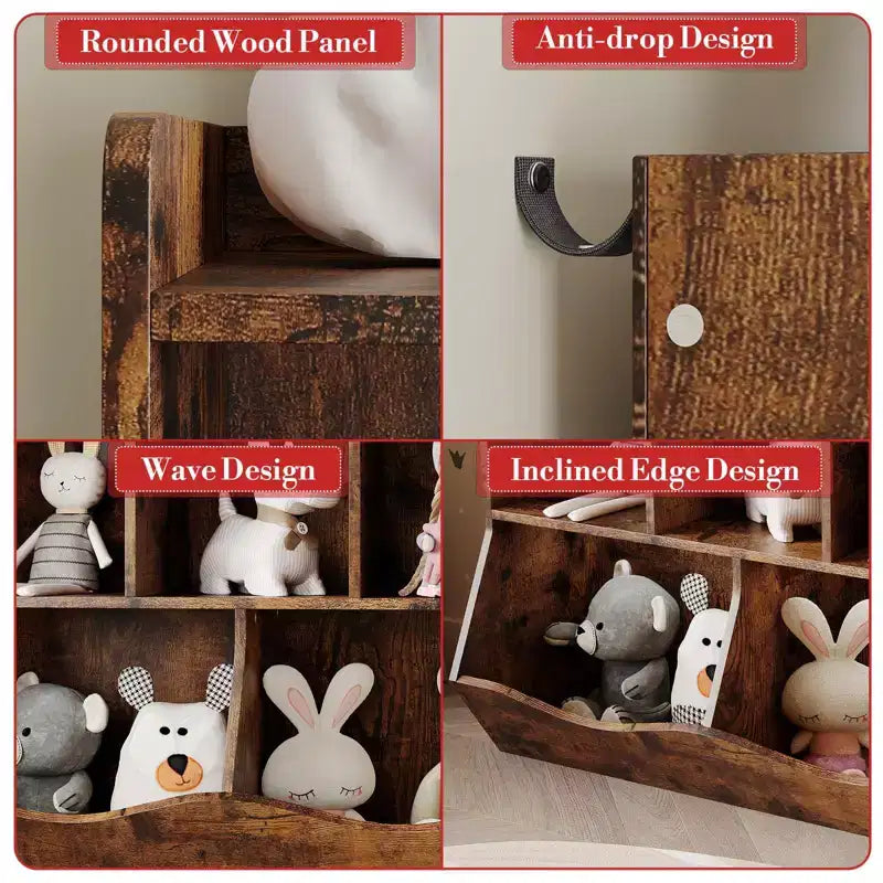 Organisateur de jouets pour enfants avec 5 casiers et un plateau inférieur, marron/gris/rose/blanc, MDF, pour 1 an et plus