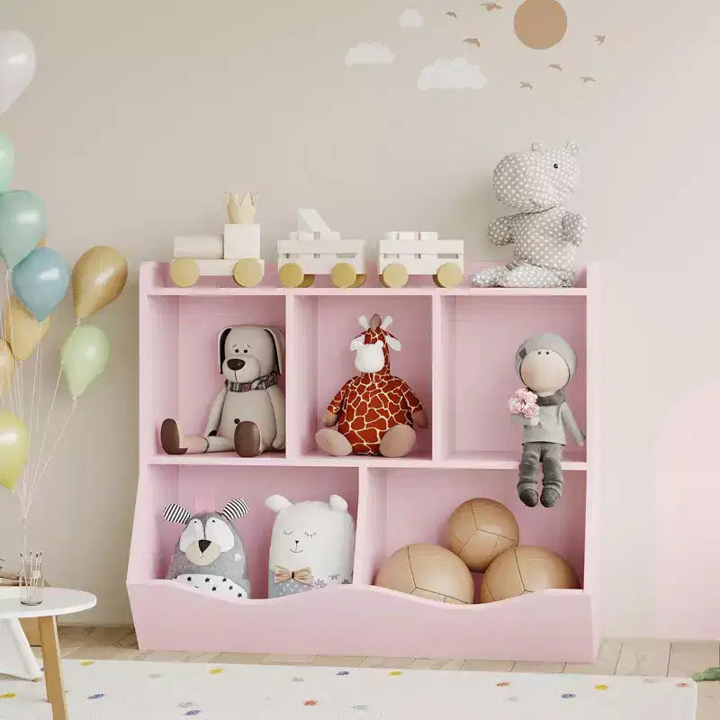 Organisateur de jouets pour enfants avec 5 casiers et un plateau inférieur, marron/gris/rose/blanc, MDF, pour 1 an et plus