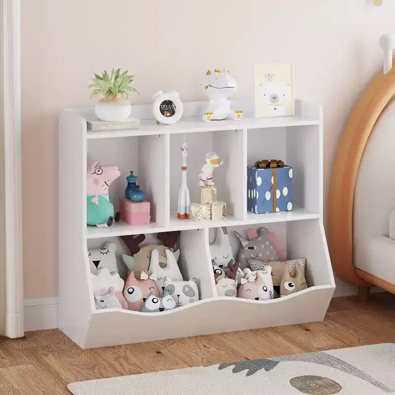 Organisateur de jouets pour enfants avec 5 casiers et un plateau inférieur, marron/gris/rose/blanc, MDF, pour 1 an et plus