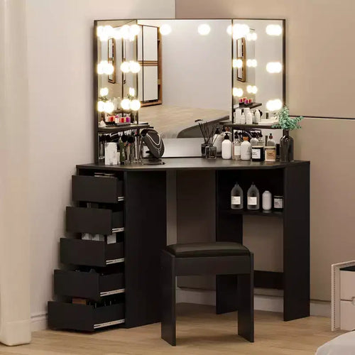 Coiffeuse d'angle noire avec miroir éclairé, 5 tiroirs et tabouret, 1 personne