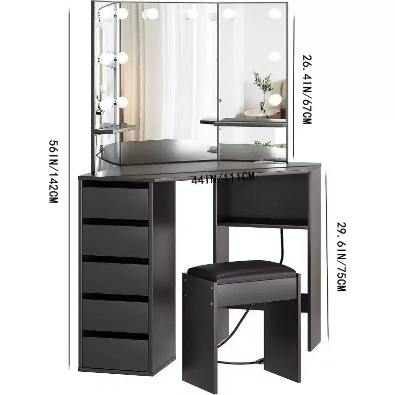 Coiffeuse d'angle noire avec miroir éclairé, 5 tiroirs et tabouret, 1 personne
