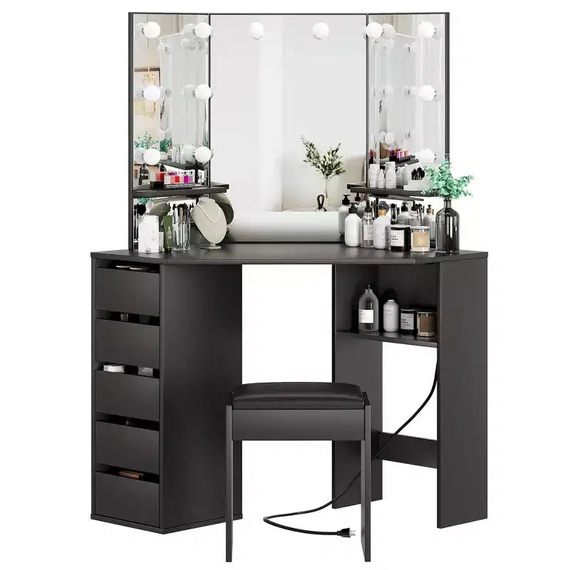 Coiffeuse d'angle noire avec miroir éclairé, 5 tiroirs et tabouret, 1 personne