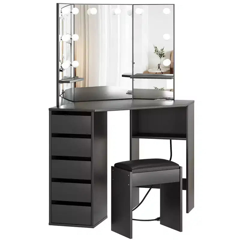 Coiffeuse d'angle noire avec miroir éclairé, 5 tiroirs et tabouret, 1 personne