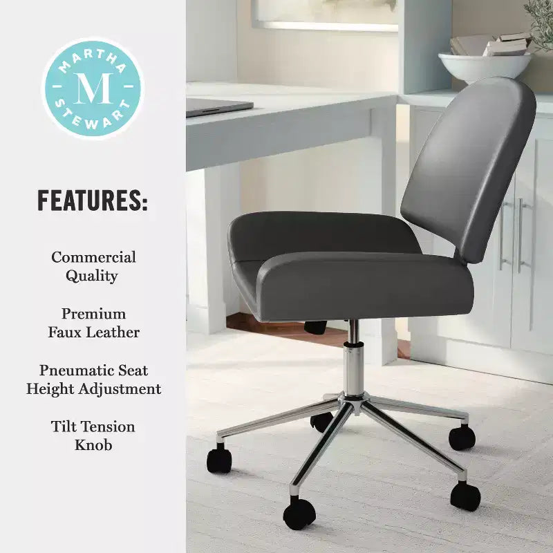 Chaise de bureau sans accoudoirs en similicuir gris avec hauteur réglable, pour 1 personne