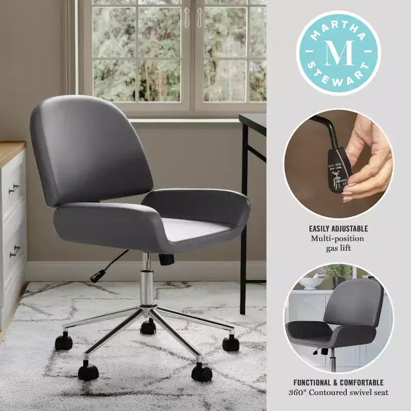 Chaise de bureau sans accoudoirs en similicuir gris avec hauteur réglable, pour 1 personne