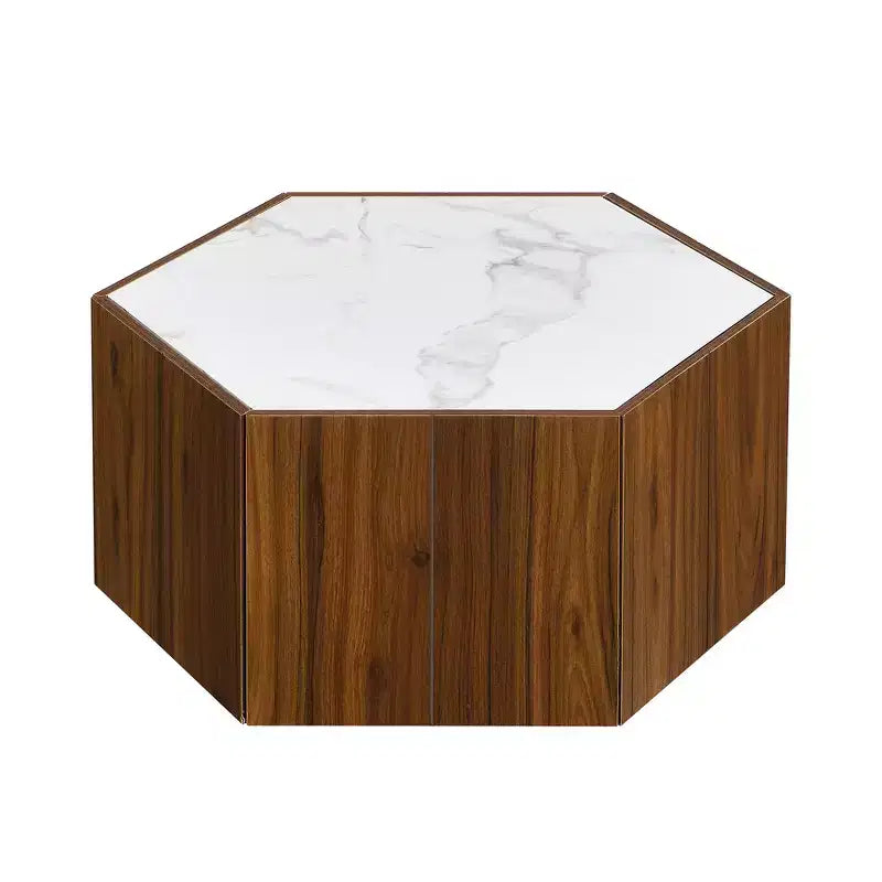 Table basse hexagonale noire et marron clair avec 2 tiroirs, plateau en marbre, pour 1 personne