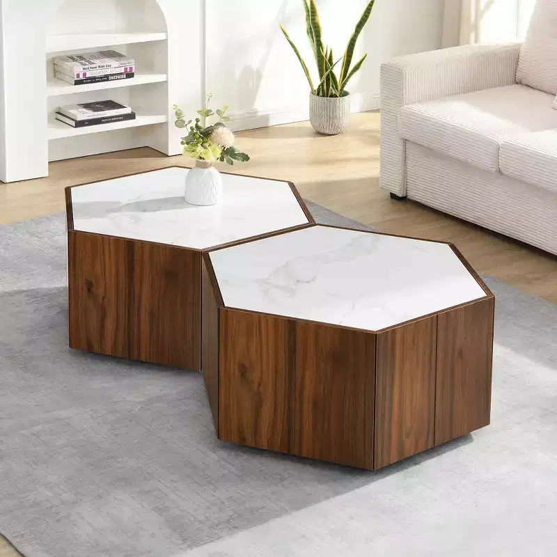 Table basse hexagonale noire et marron clair avec 2 tiroirs, plateau en marbre, pour 1 personne