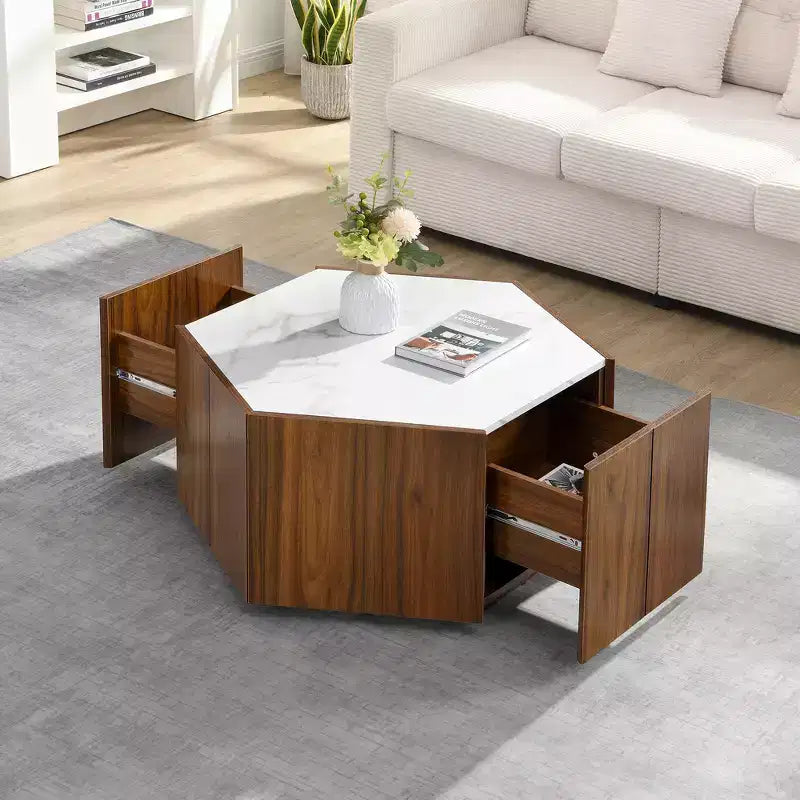 Table basse hexagonale noire et marron clair avec 2 tiroirs, plateau en marbre, pour 1 personne