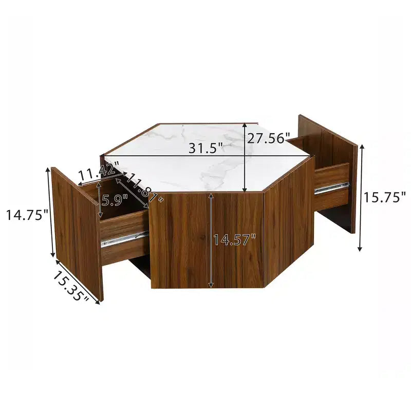 Table basse hexagonale noire et marron clair avec 2 tiroirs, plateau en marbre, pour 1 personne