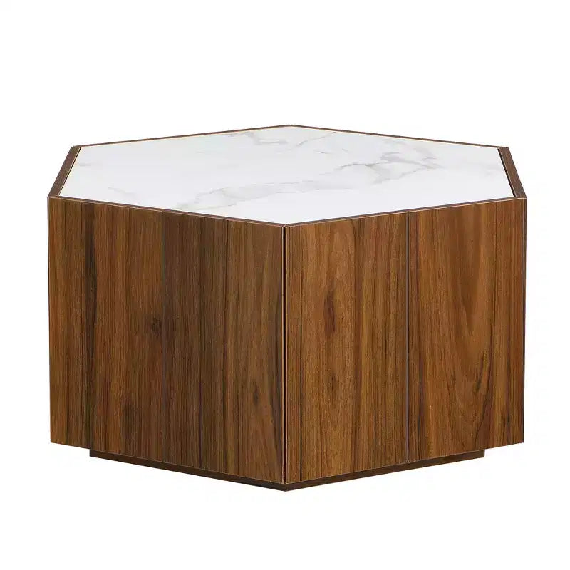 Table basse hexagonale noire et marron clair avec 2 tiroirs, plateau en marbre, pour 1 personne