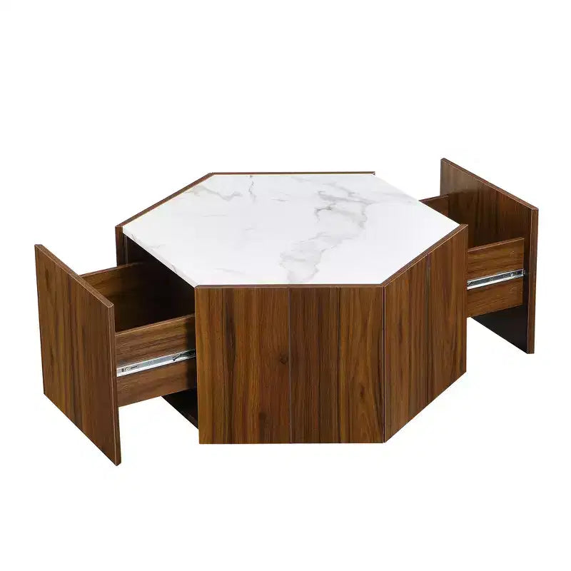 Table basse hexagonale noire et marron clair avec 2 tiroirs, plateau en marbre, pour 1 personne