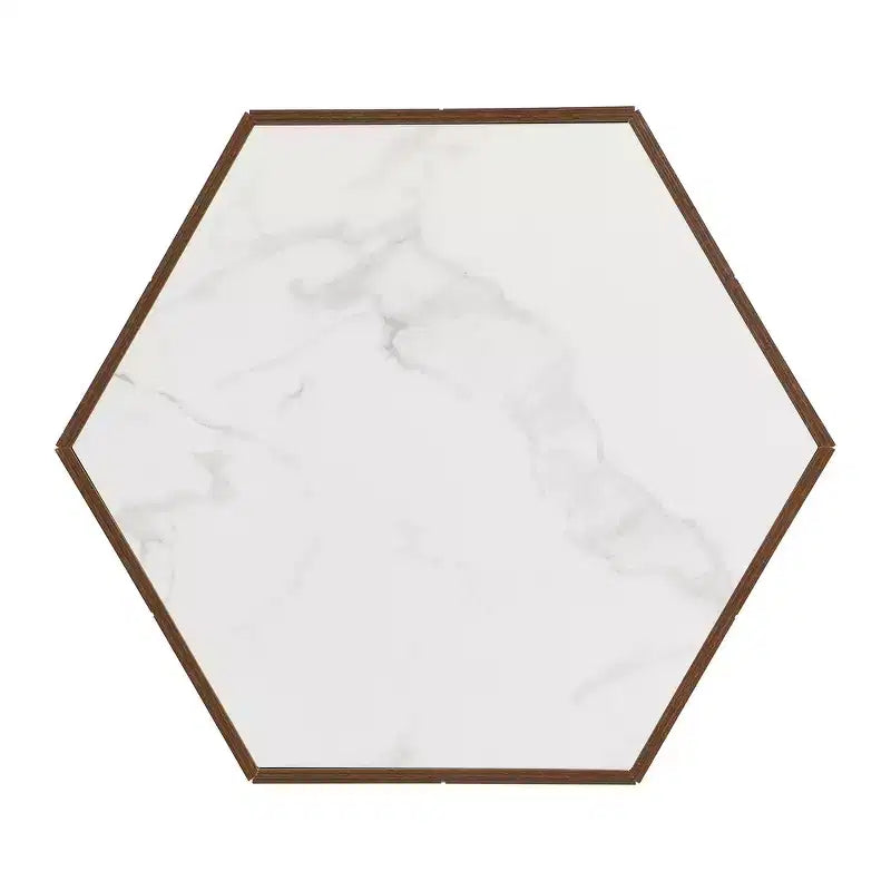 Table basse hexagonale noire et marron clair avec 2 tiroirs, plateau en marbre, pour 1 personne