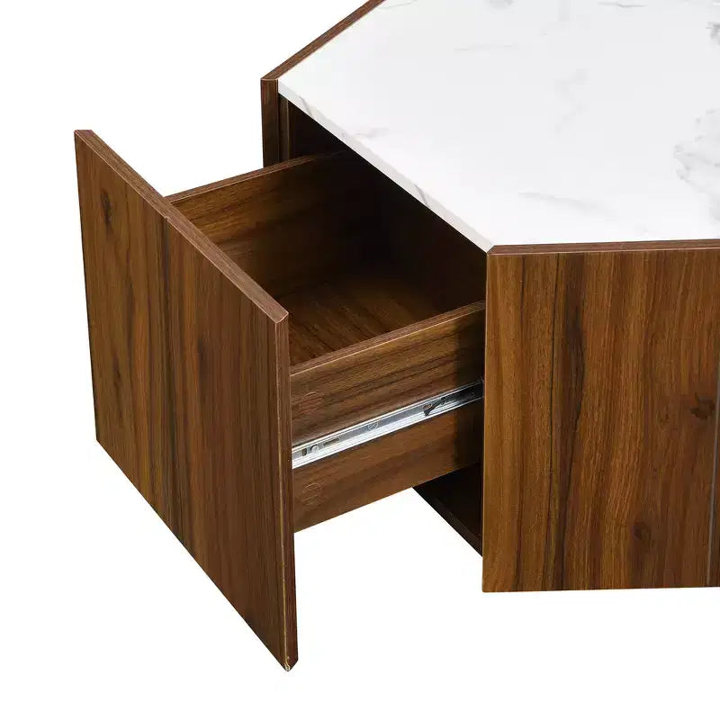 Table basse hexagonale noire et marron clair avec 2 tiroirs, plateau en marbre, pour 1 personne