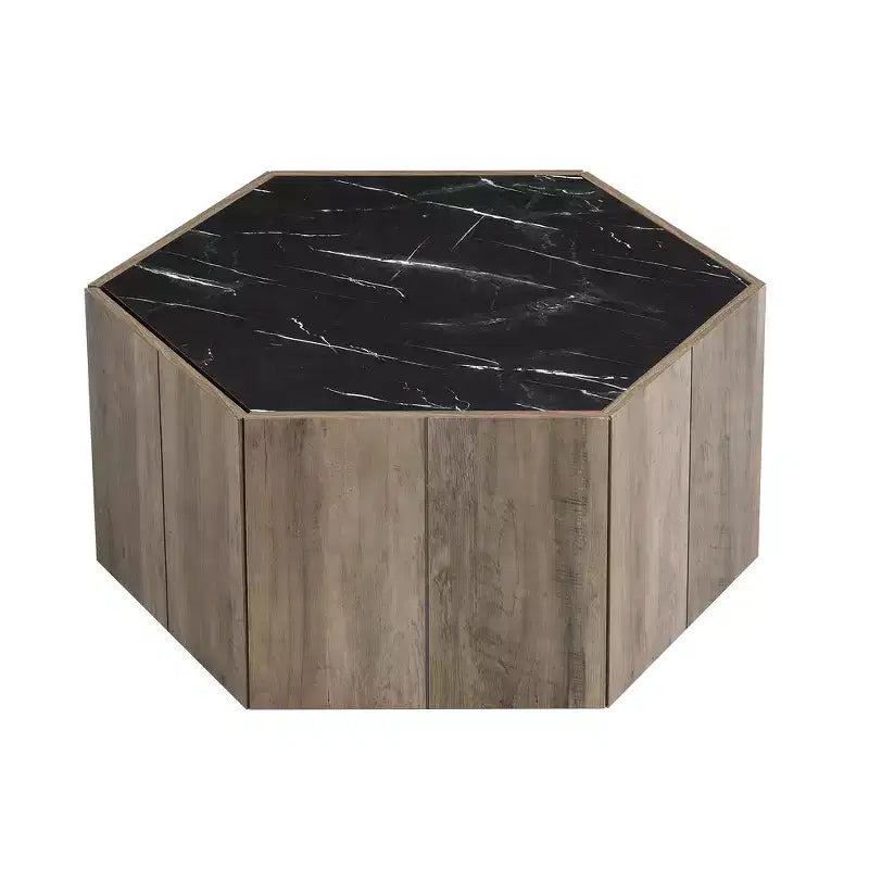 Table basse hexagonale noire et marron clair avec 2 tiroirs, plateau en marbre, pour 1 personne