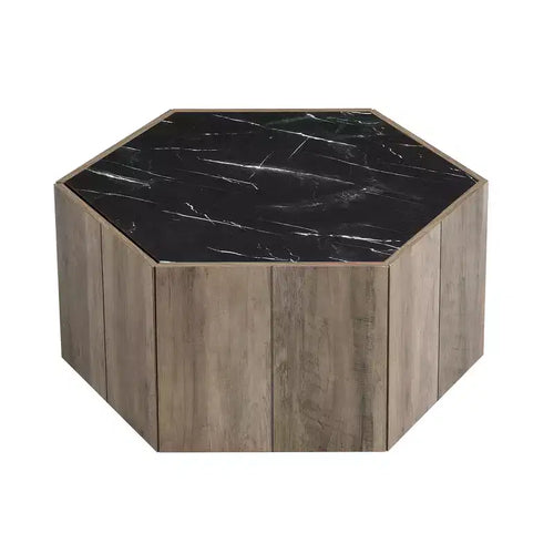 Table basse hexagonale noire et marron clair avec 2 tiroirs, plateau en marbre, pour 1 personne