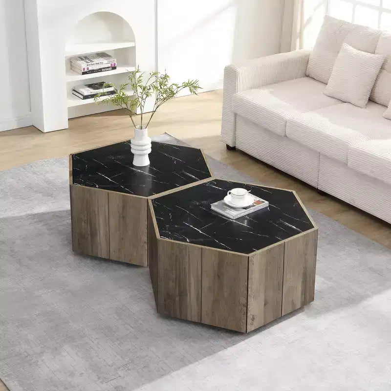 Table basse hexagonale noire et marron clair avec 2 tiroirs, plateau en marbre, pour 1 personne