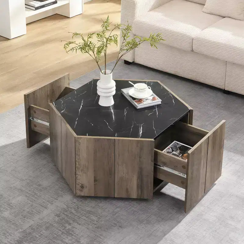 Table basse hexagonale noire et marron clair avec 2 tiroirs, plateau en marbre, pour 1 personne