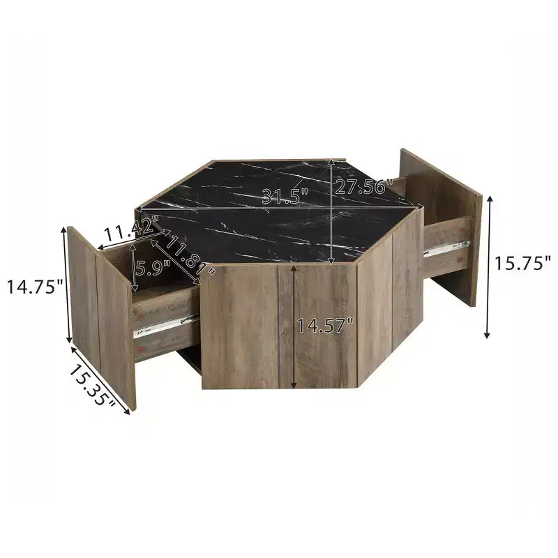 Table basse hexagonale noire et marron clair avec 2 tiroirs, plateau en marbre, pour 1 personne