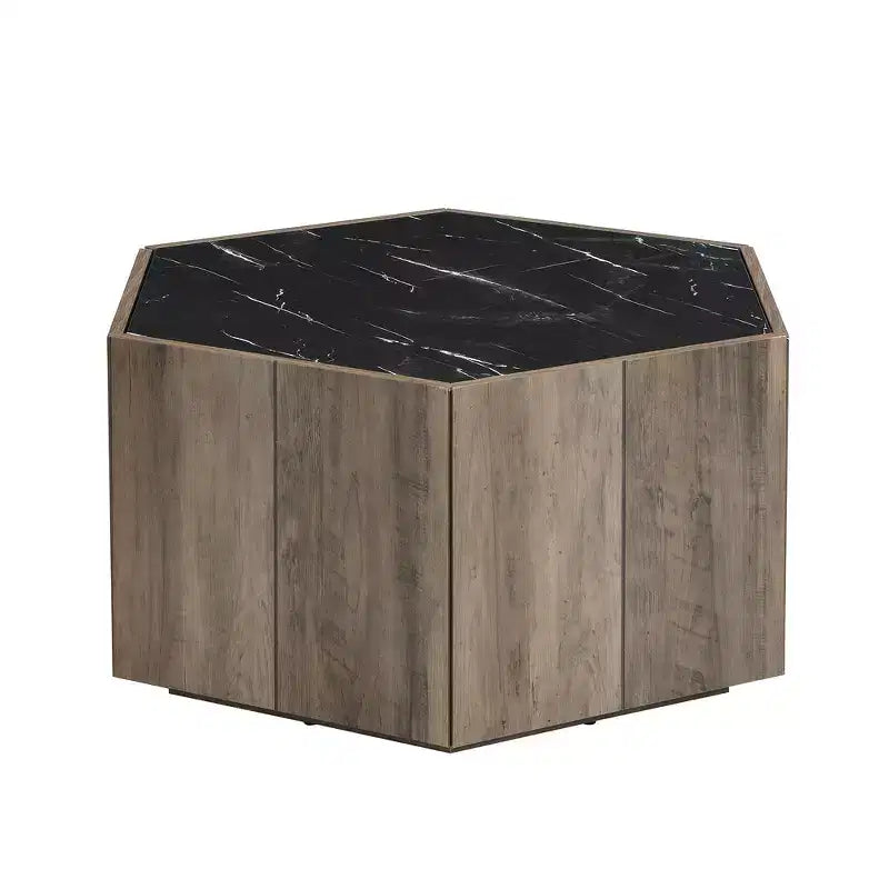 Table basse hexagonale noire et marron clair avec 2 tiroirs, plateau en marbre, pour 1 personne