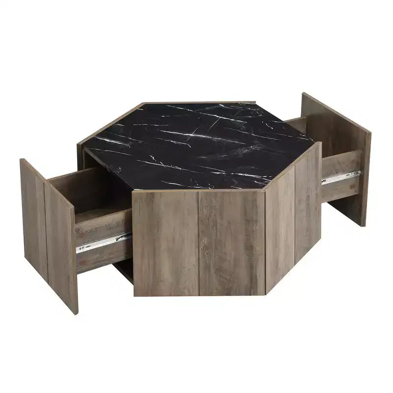 Table basse hexagonale noire et marron clair avec 2 tiroirs, plateau en marbre, pour 1 personne