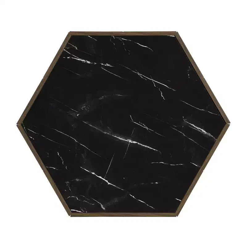Table basse hexagonale noire et marron clair avec 2 tiroirs, plateau en marbre, pour 1 personne