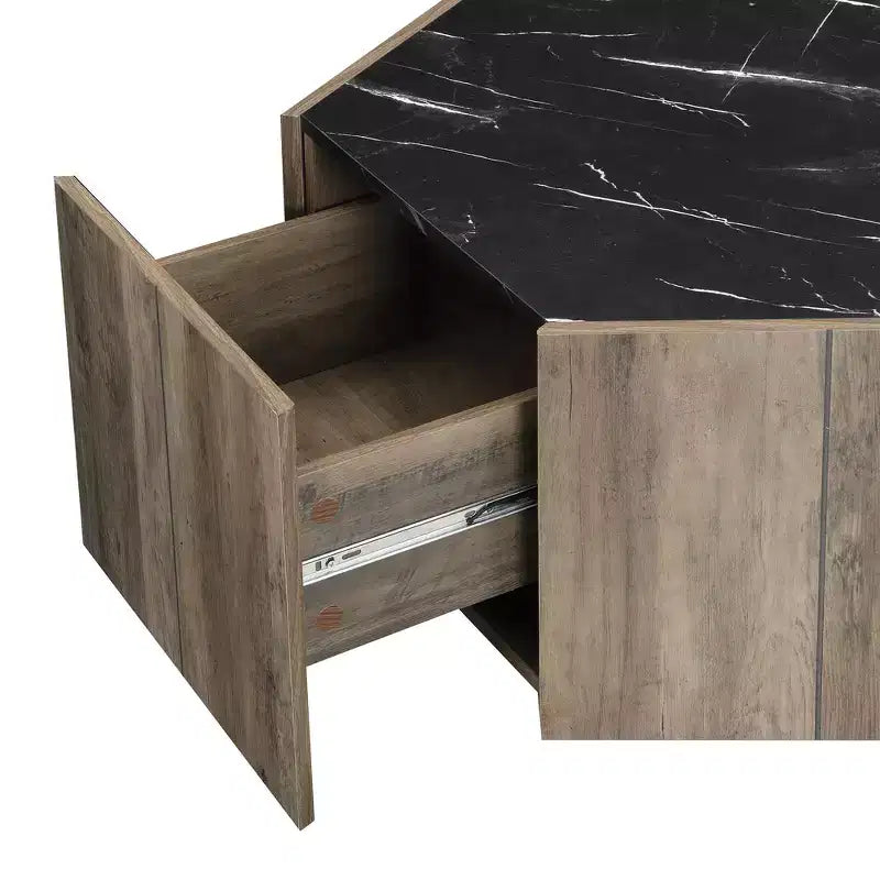 Table basse hexagonale noire et marron clair avec 2 tiroirs, plateau en marbre, pour 1 personne