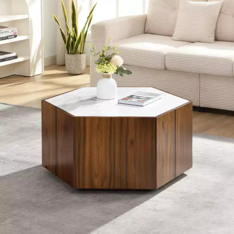 Table basse hexagonale noire et marron clair avec 2 tiroirs, plateau en marbre, pour 1 personne