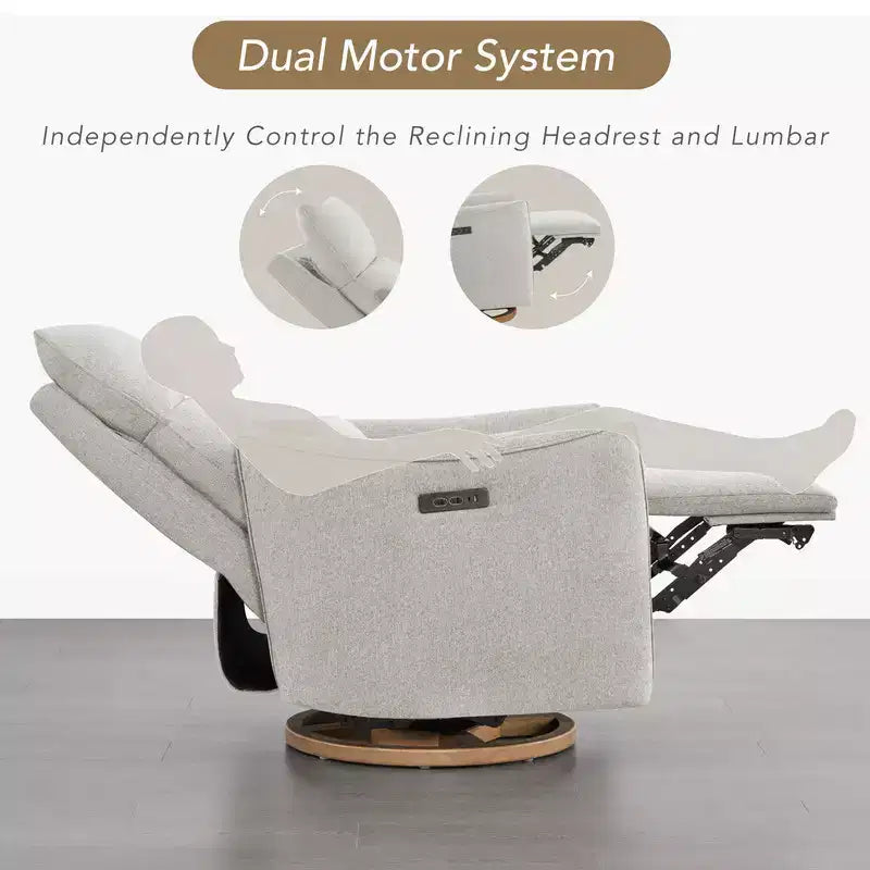 Fauteuil de relaxation et bercement pivotant électrique pour chambre d'enfant avec coussin de soutien lombaire, 1 place, crème/gris tourterelle/vert mousse