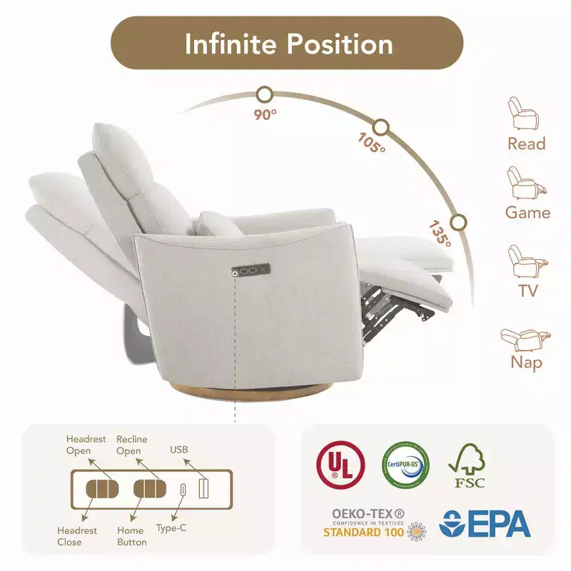 Fauteuil de relaxation et bercement pivotant électrique pour chambre d'enfant avec coussin de soutien lombaire, 1 place, crème/gris tourterelle/vert mousse