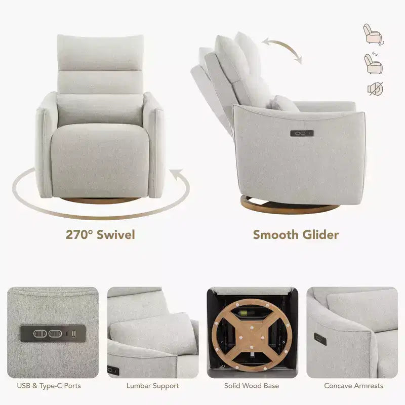 Fauteuil de relaxation et bercement pivotant électrique pour chambre d'enfant avec coussin de soutien lombaire, 1 place, crème/gris tourterelle/vert mousse