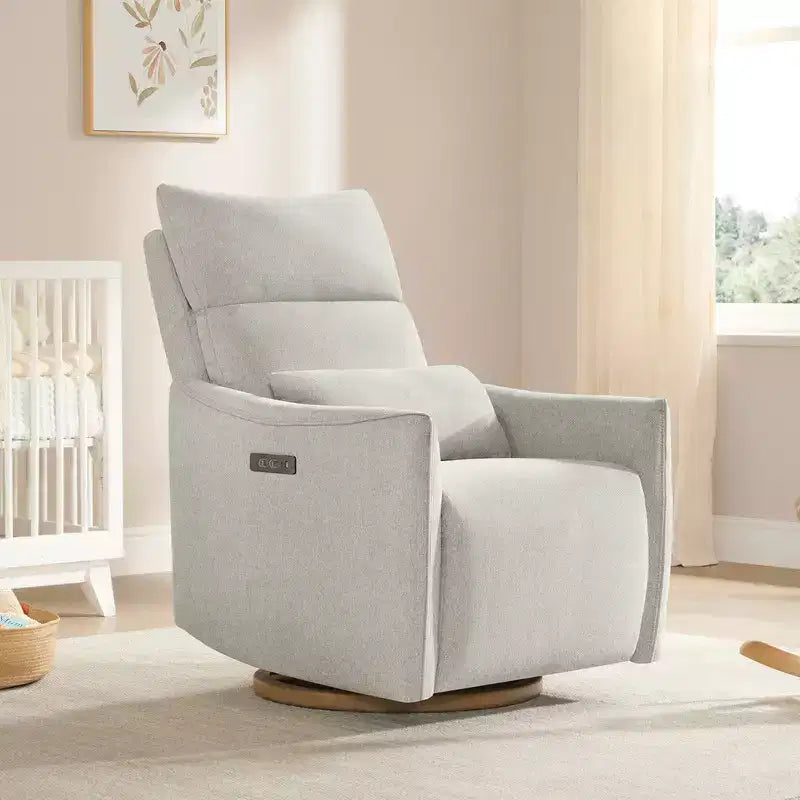 Fauteuil de relaxation et bercement pivotant électrique pour chambre d'enfant avec coussin de soutien lombaire, 1 place, crème/gris tourterelle/vert mousse
