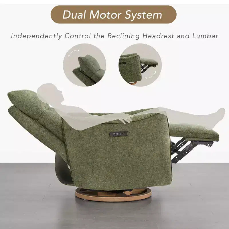 Fauteuil de relaxation et bercement pivotant électrique pour chambre d'enfant avec coussin de soutien lombaire, 1 place, crème/gris tourterelle/vert mousse