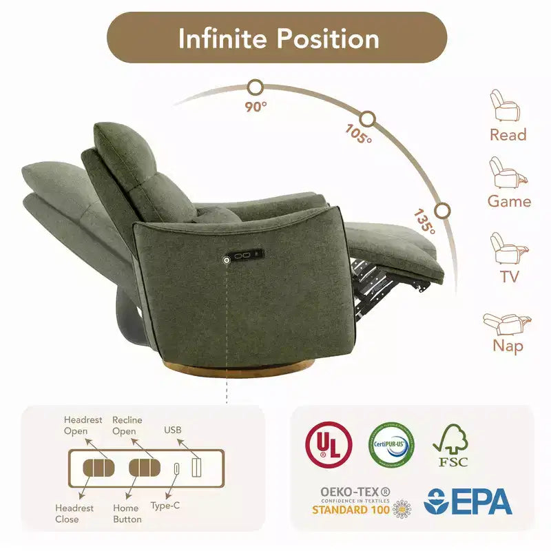 Fauteuil de relaxation et bercement pivotant électrique pour chambre d'enfant avec coussin de soutien lombaire, 1 place, crème/gris tourterelle/vert mousse