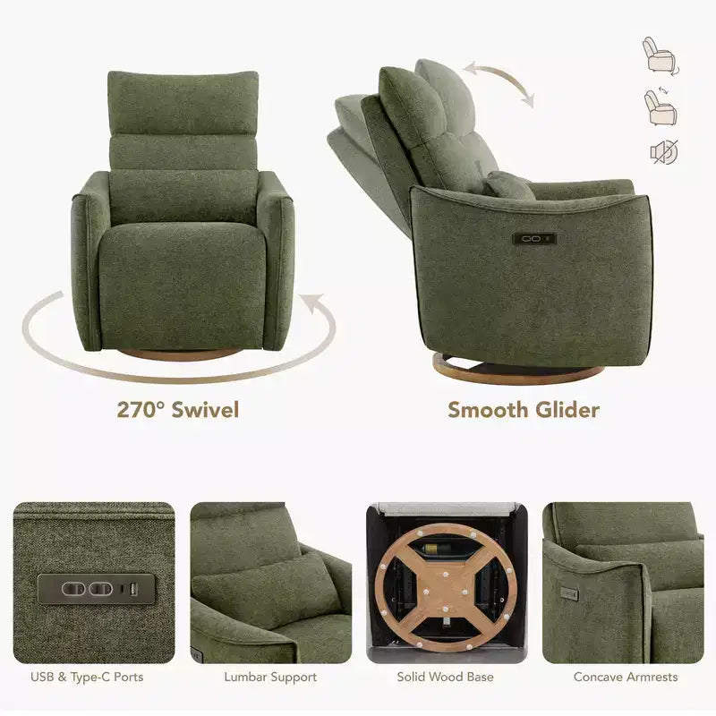 Fauteuil de relaxation et bercement pivotant électrique pour chambre d'enfant avec coussin de soutien lombaire, 1 place, crème/gris tourterelle/vert mousse