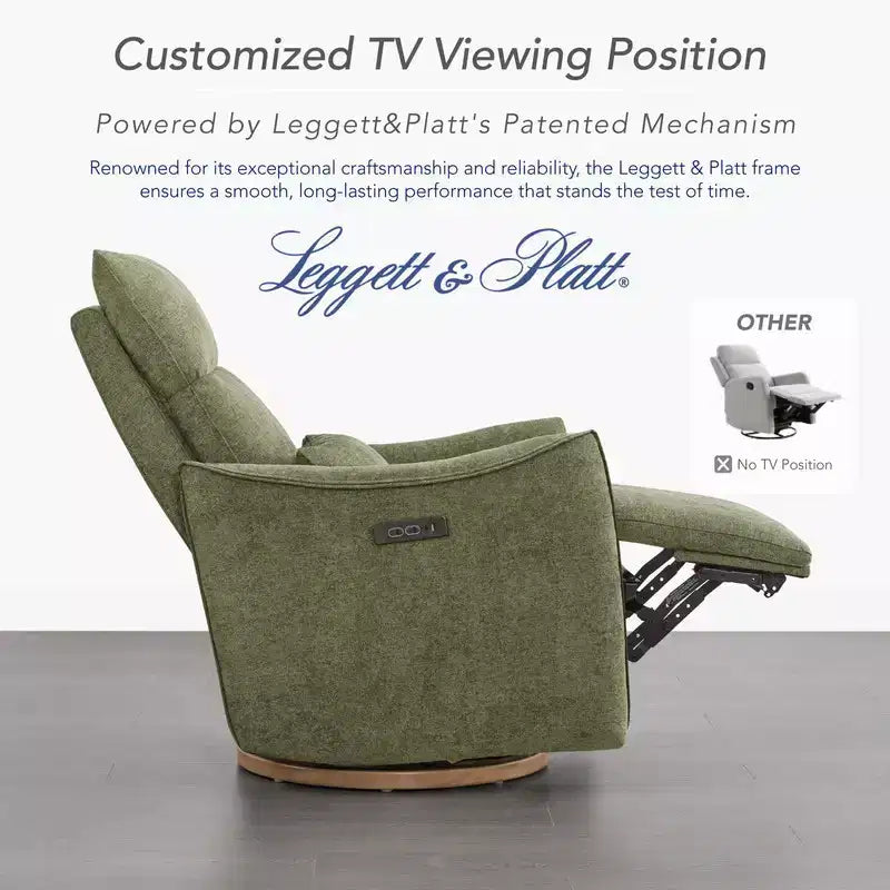 Fauteuil de relaxation et bercement pivotant électrique pour chambre d'enfant avec coussin de soutien lombaire, 1 place, crème/gris tourterelle/vert mousse