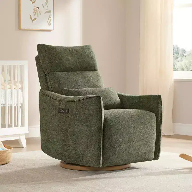 Fauteuil de relaxation et bercement pivotant électrique pour chambre d'enfant avec coussin de soutien lombaire, 1 place, crème/gris tourterelle/vert mousse