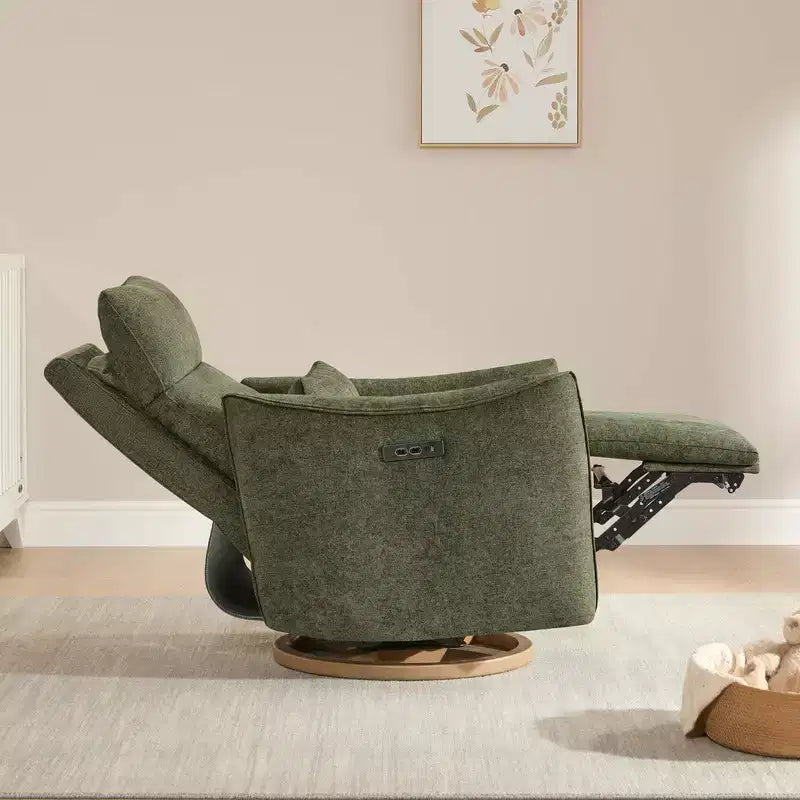 Fauteuil de relaxation et bercement pivotant électrique pour chambre d'enfant avec coussin de soutien lombaire, 1 place, crème/gris tourterelle/vert mousse