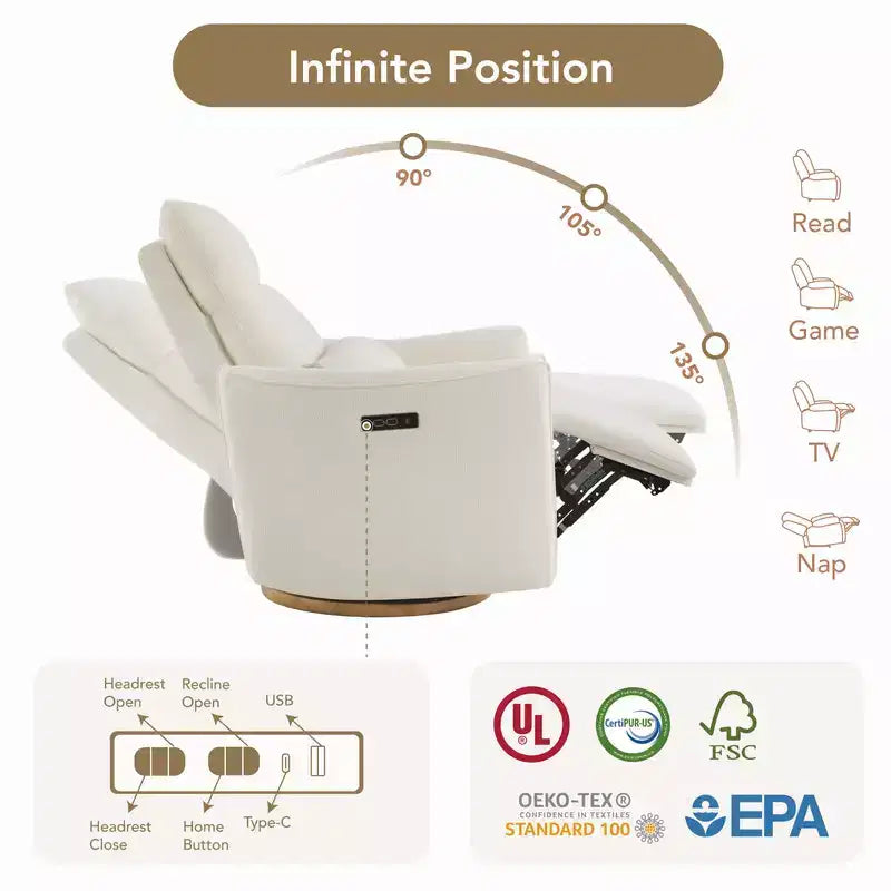 Fauteuil de relaxation et bercement pivotant électrique pour chambre d'enfant avec coussin de soutien lombaire, 1 place, crème/gris tourterelle/vert mousse