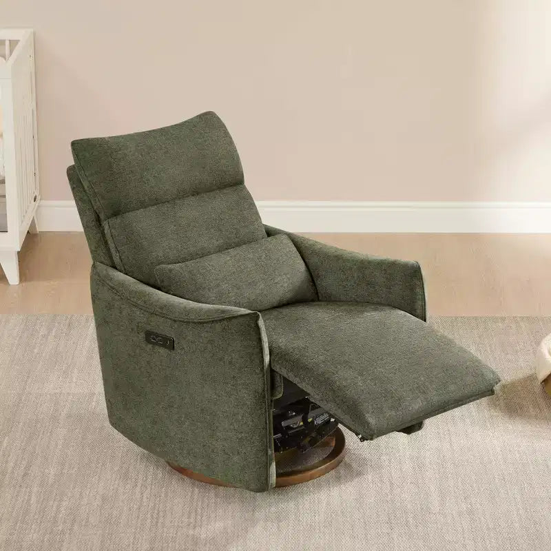 Fauteuil de relaxation et bercement pivotant électrique pour chambre d'enfant avec coussin de soutien lombaire, 1 place, crème/gris tourterelle/vert mousse