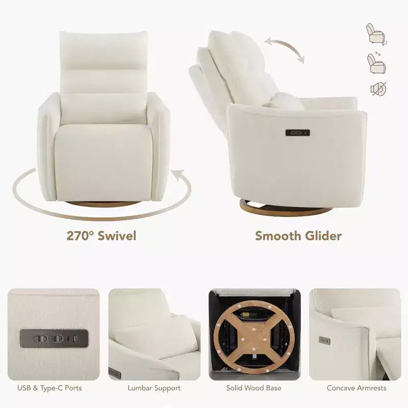Fauteuil de relaxation et bercement pivotant électrique pour chambre d'enfant avec coussin de soutien lombaire, 1 place, crème/gris tourterelle/vert mousse