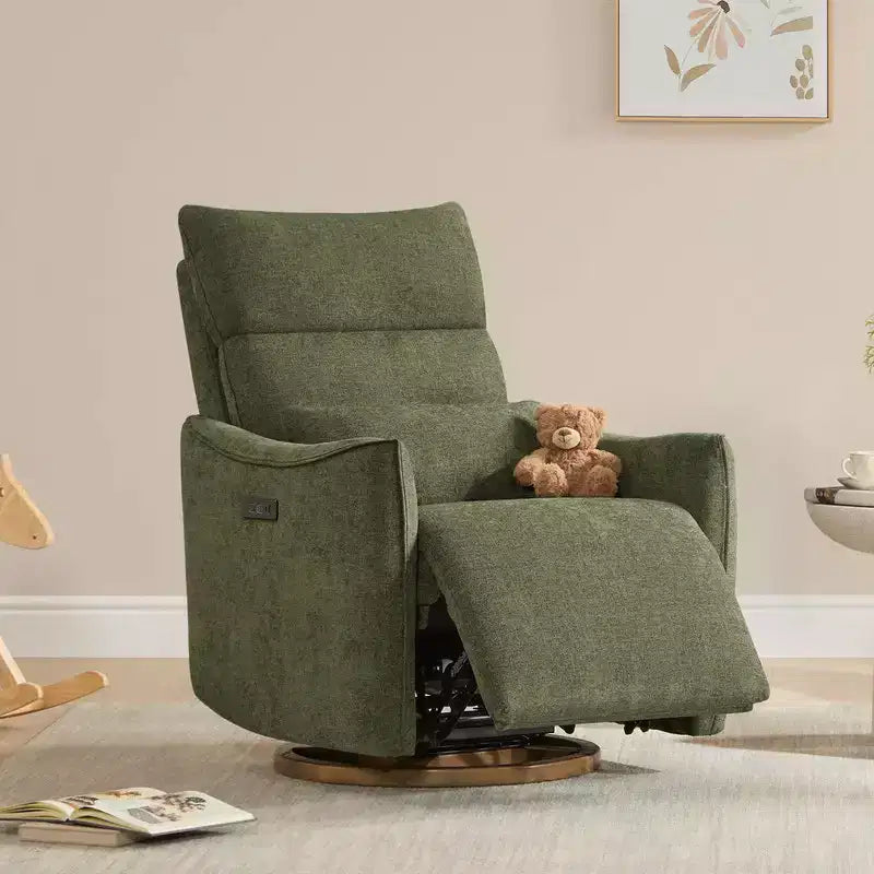 Fauteuil de relaxation et bercement pivotant électrique pour chambre d'enfant avec coussin de soutien lombaire, 1 place, crème/gris tourterelle/vert mousse